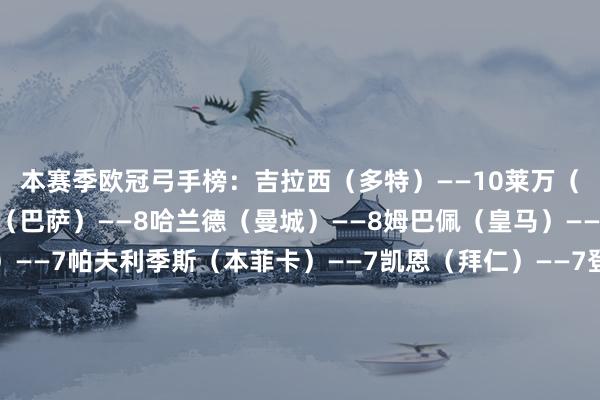 本赛季欧冠弓手榜：吉拉西（多特）——10莱万（巴萨）——9拉菲尼亚（巴萨）——8哈兰德（曼城）——8姆巴佩（皇马）——7维尼修斯（皇马）——7帕夫利季斯（本菲卡）——7凯恩（拜仁）——7登贝莱（巴黎）——6格列兹曼（马竞）——6阿尔瓦雷斯（马竞）——6希门尼斯（米兰）——6维尔茨（勒沃库森）——6约克雷斯（葡萄牙体育）——6戴维（里尔）——6																						体育录像/图片
