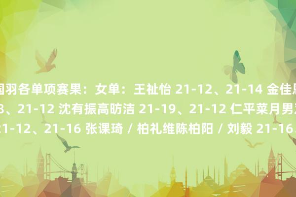 国羽各单项赛果：女单：王祉怡 21-12、21-14 金佳恩陈雨菲 18-21、21-18、21-12 沈有振高昉洁 21-19、21-12 仁平菜月男双：梁伟铿 / 王昶 21-12、21-16 张课琦 / 柏礼维陈柏阳 / 刘毅 21-16、22-20 安德烈亚斯 / 杰斯帕孙文骏 / 朱一珺 23-21、17-21、21-19 克里斯托弗 / 马修女双：贾一凡 / 张殊贤 21-7、21-13 许尹鏸 / 林芝昀混双：朱一珺 / 张驰 17-21、15-21 绿川大辉 / 斋藤夏体育集锦